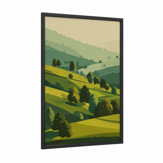 Rolling Meadow framed green field print — black wood frame — light green and true green palette