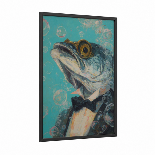 Dapper Tarpon framed art print — black wood frame — turquoise and gold palette