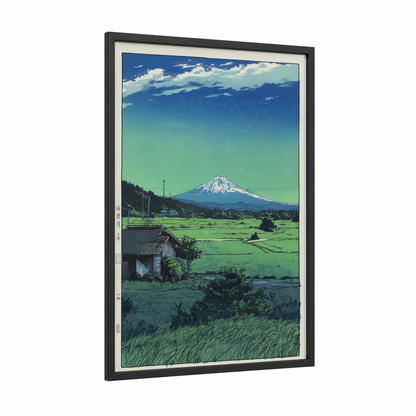 Mount Fuji Valley framed various landscapes print — black wood frame — blue and true green palette