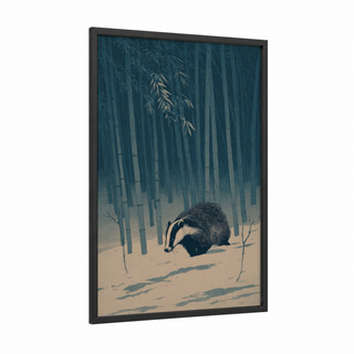 Snowy Badger framed art print — black wood frame — teal and cream palette