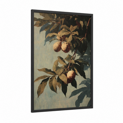 Autumn Pears framed herbs and spices print — black wood frame — gold and sage green palette
