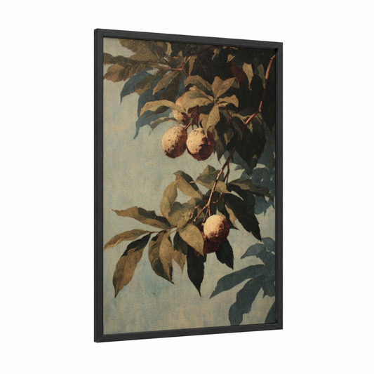 Autumn Pears framed herbs and spices print — black wood frame — gold and sage green palette