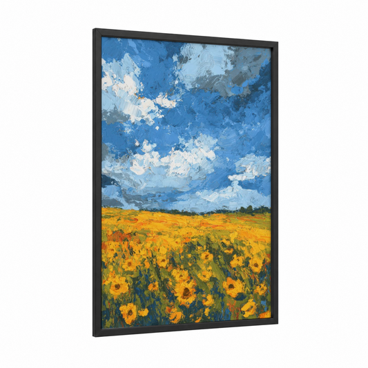 Golden Sunflower Field framed art print — black wood frame — blue and yellow gold palette