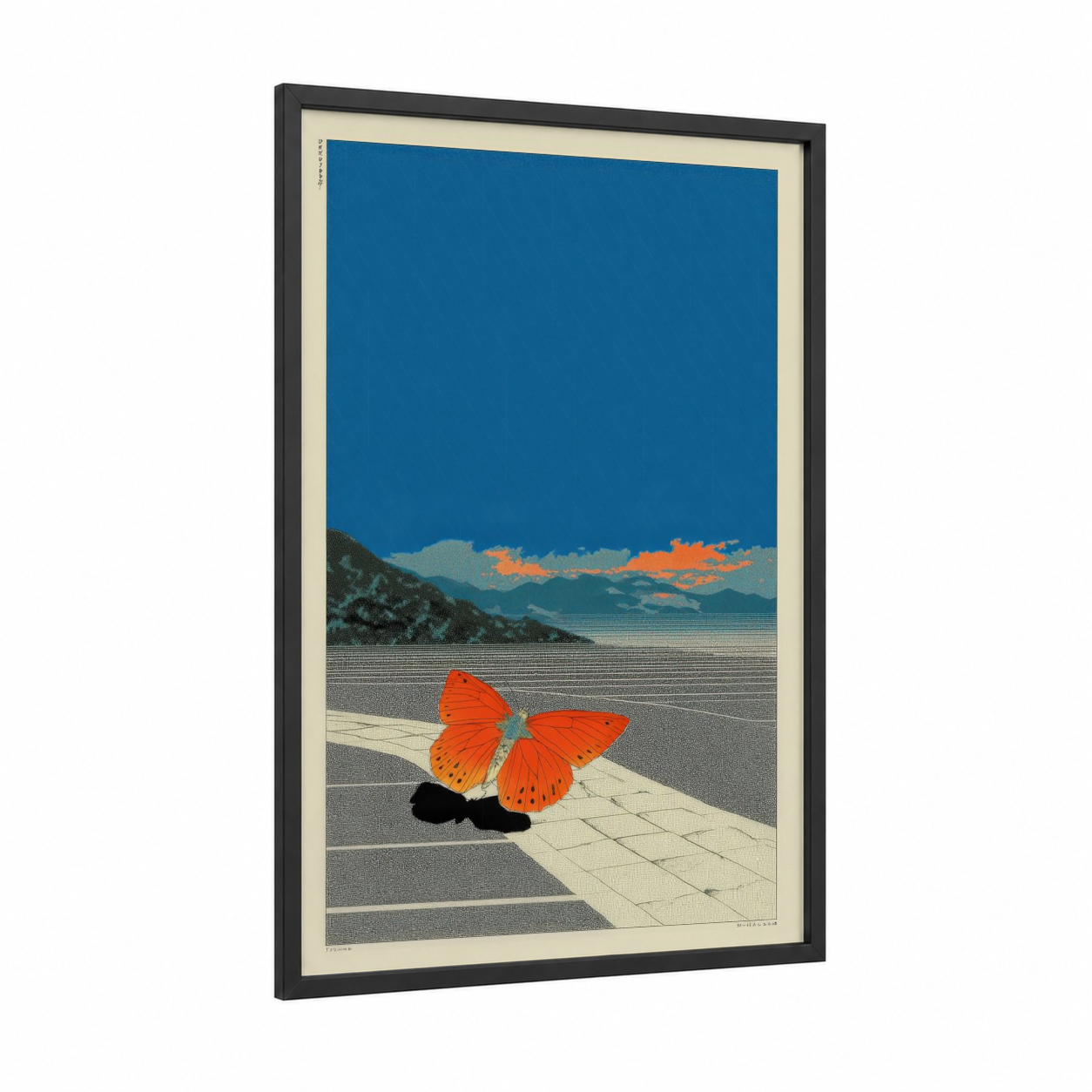 Desert Butterfly Minimalism framed japanese y2k print — black wood frame — blue and orange palette