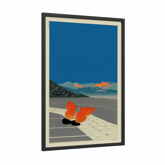 Desert Butterfly Minimalism framed japanese y2k print — black wood frame — blue and orange palette