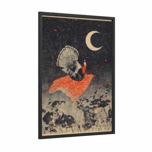 Moonlit Turkey Flight framed art print — black wood frame — black and white and red palette