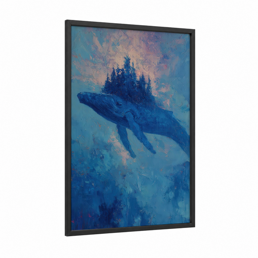 Whale Castle Dreams framed blue whale print — black wood frame — blue and lavender palette
