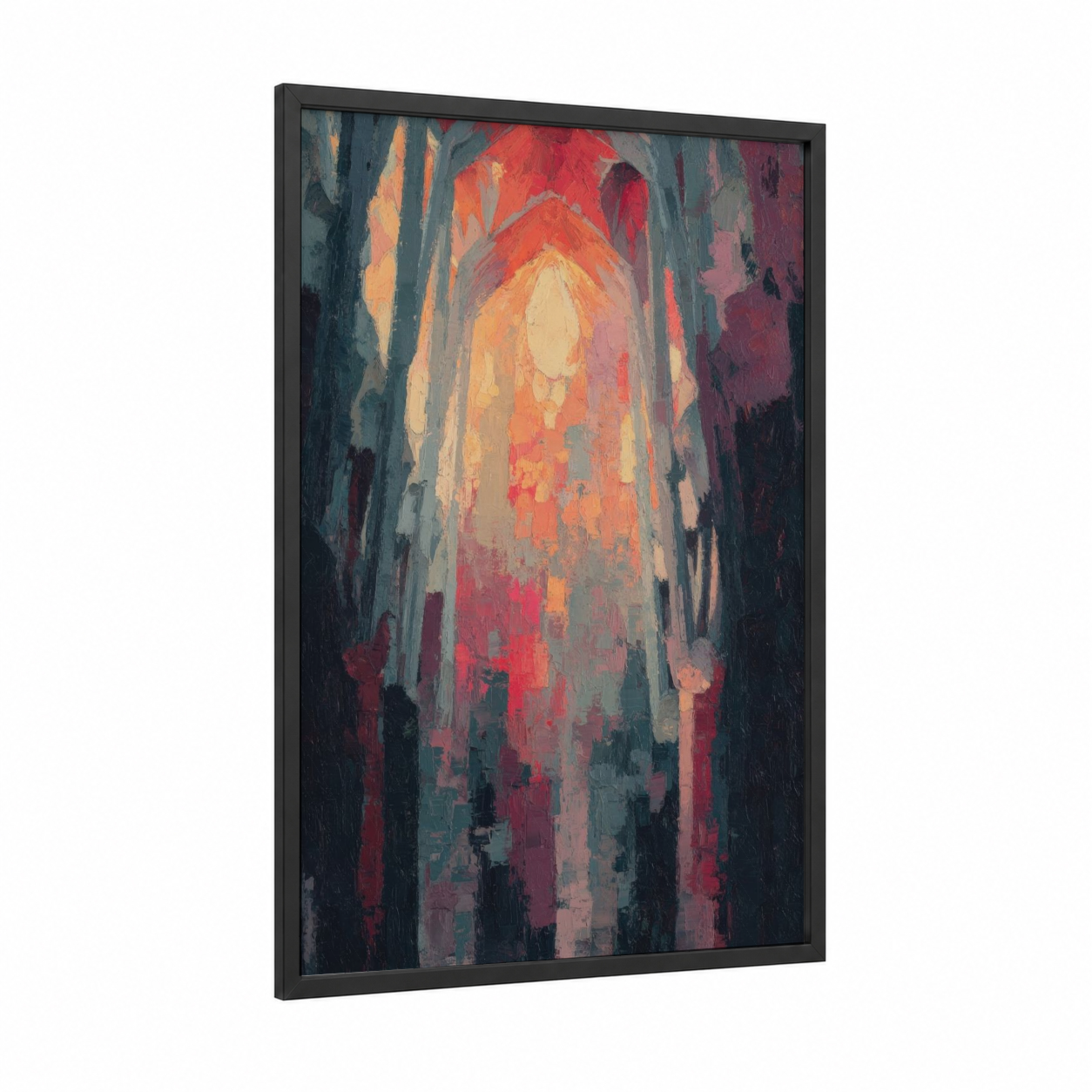 Sagrada Luminescence framed sagrada familia print — black wood frame — gold and maroon palette