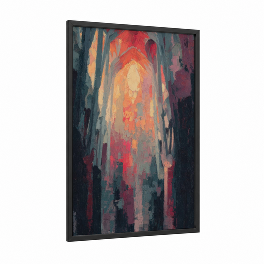 Sagrada Luminescence framed sagrada familia print — black wood frame — gold and maroon palette