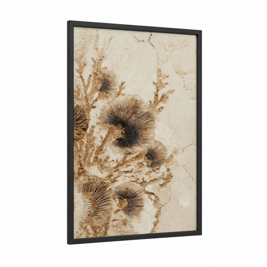 Fossil Imprints framed natural stones print — black wood frame — beige and cream palette