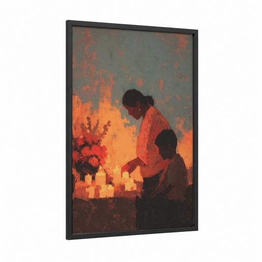 Candlelit Remembrance framed dia de los muertos print — black wood frame — orange and gray palette