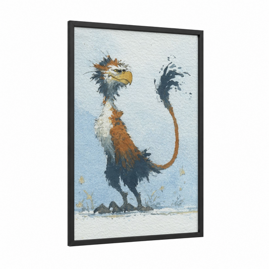 Majestic Griffin framed art print — black wood frame — blue and gold palette