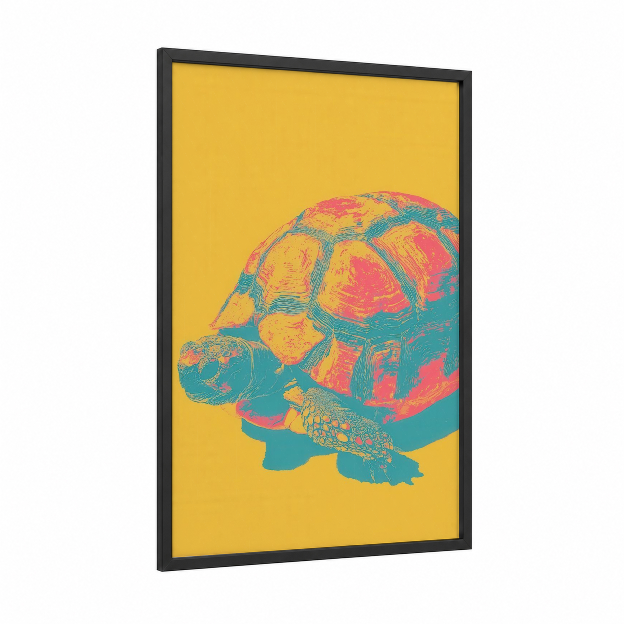 Vibrant Turtle Portrait framed art print — black wood frame — yellow gold and teal palette