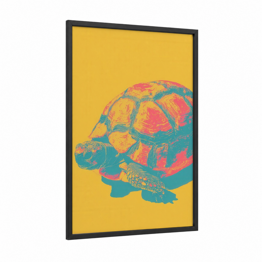 Vibrant Turtle Portrait framed art print — black wood frame — yellow gold and teal palette