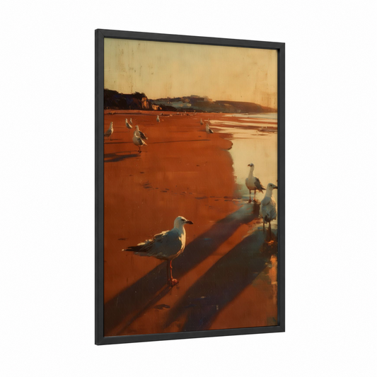 Sunset Seagulls framed art print — black wood frame — russet and gold palette