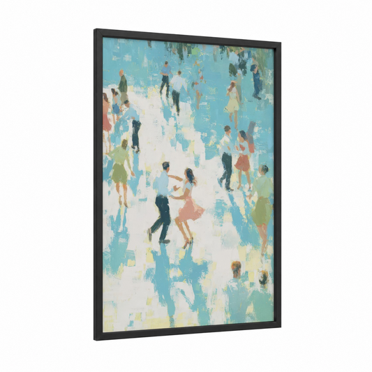 Joyful Swing Dance framed art print — black wood frame — blue and white and light green palette