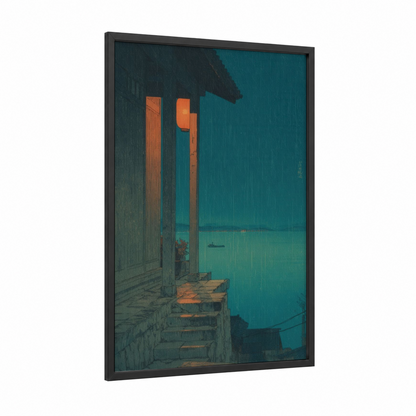 Coastal Columns framed art print — black wood frame — teal palette