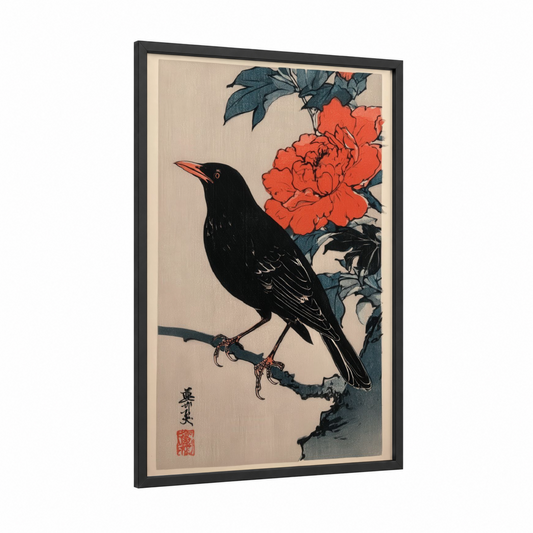 Black Thrush Crimson framed art print — black wood frame — black and red palette