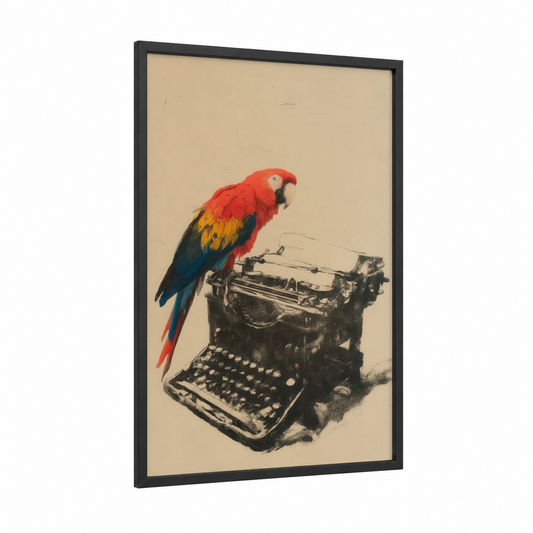Typewriter Macaw framed art print — black wood frame — red and gold palette