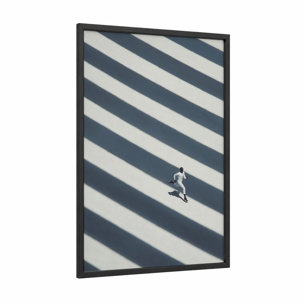 Urban Runner framed men's fashion print — black wood frame — black and white and gray palette