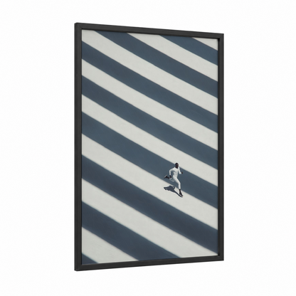 Urban Runner framed men's fashion print — black wood frame — black and white and gray palette