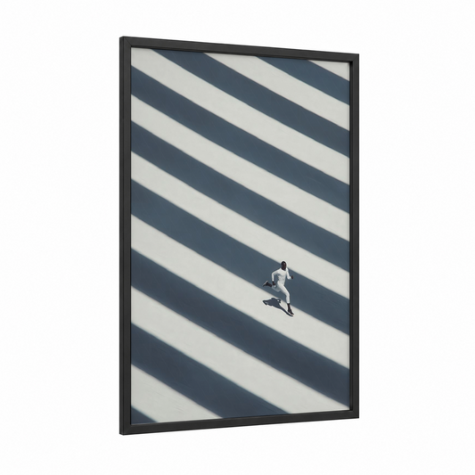Urban Runner framed men's fashion print — black wood frame — black and white and gray palette