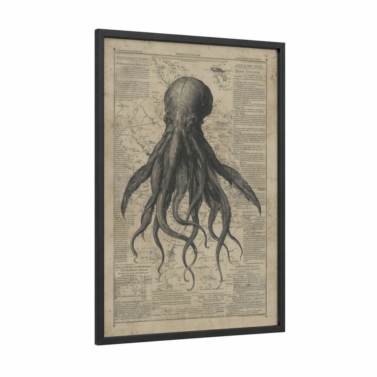 Cosmic Cthulhu framed art print — black wood frame — black and white and dove gray palette