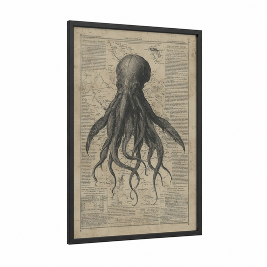 Cosmic Cthulhu framed art print — black wood frame — black and white and dove gray palette