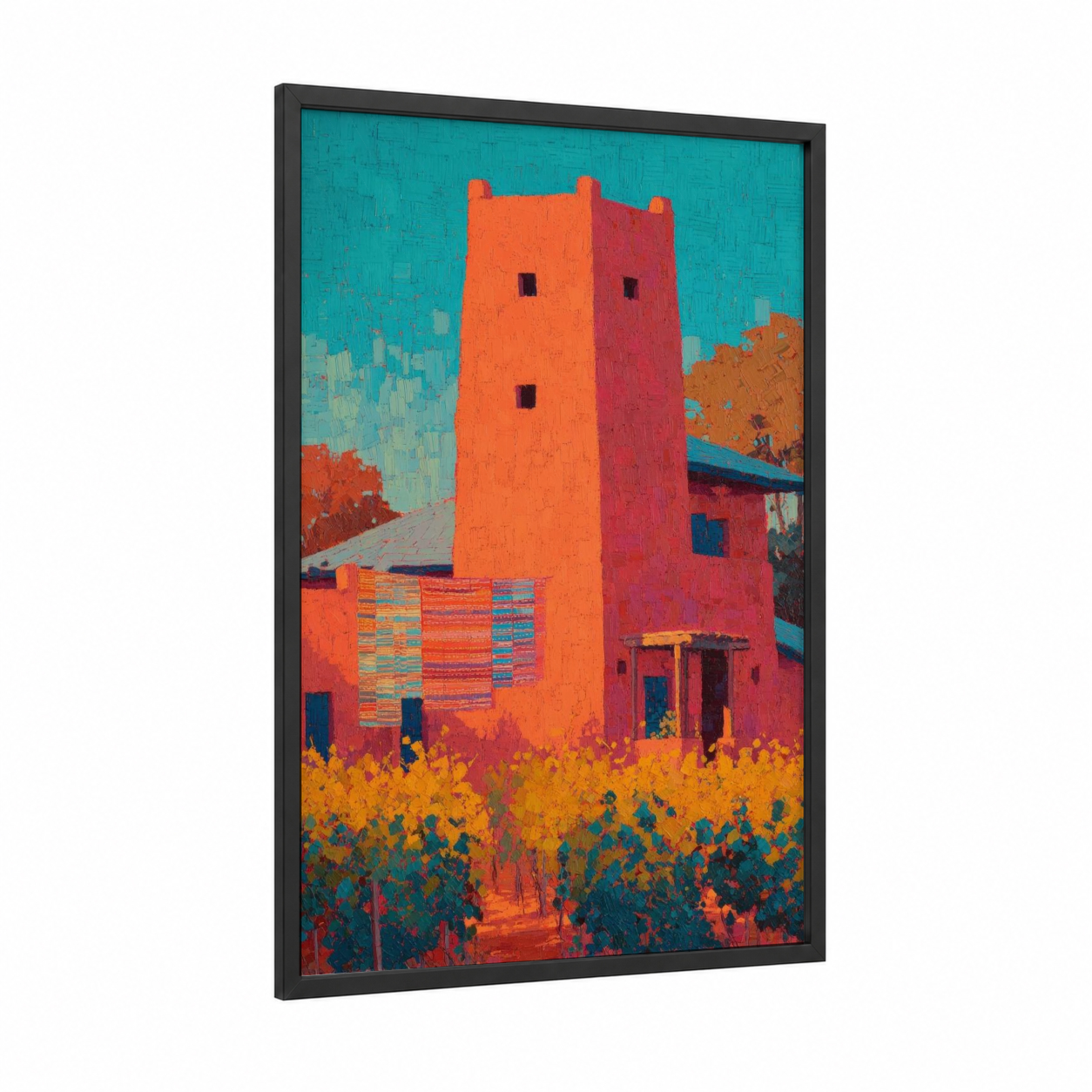 Crimson Desert Tower framed towers print — black wood frame — orange and turquoise palette