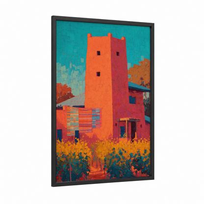 Crimson Desert Tower framed towers print — black wood frame — orange and turquoise palette