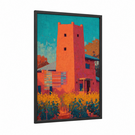 Crimson Desert Tower framed towers print — black wood frame — orange and turquoise palette