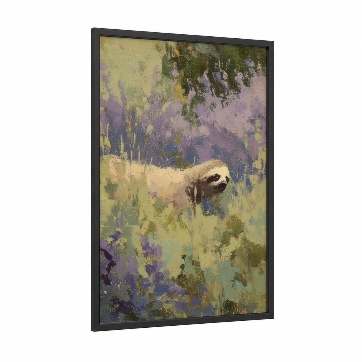 Lavender Sloth framed art print — black wood frame — lavender and yellow gold palette