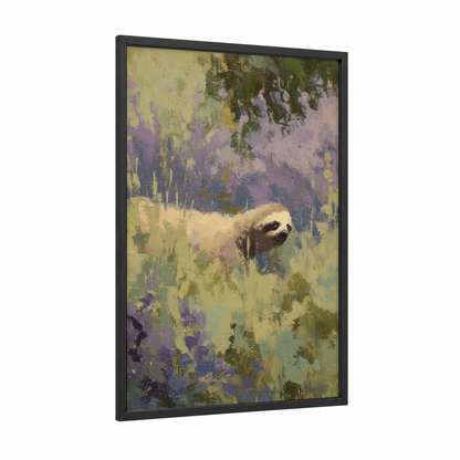 Lavender Sloth framed art print — black wood frame — lavender and yellow gold palette