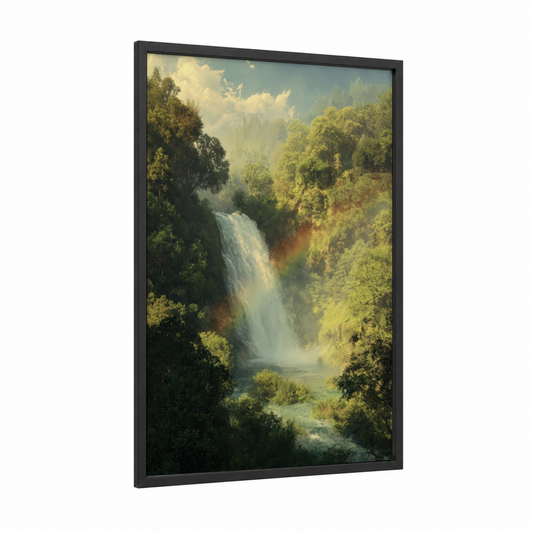 Rainbow Waterfall framed art print — black wood frame — light green and blue palette