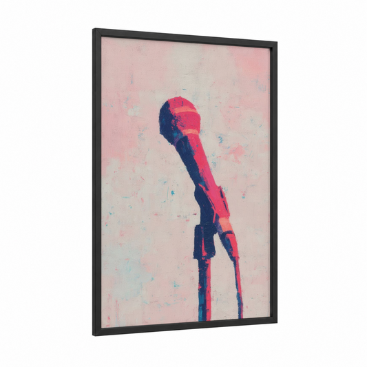 Bold Pop Microphone framed art print — black wood frame — pink and dark blue palette