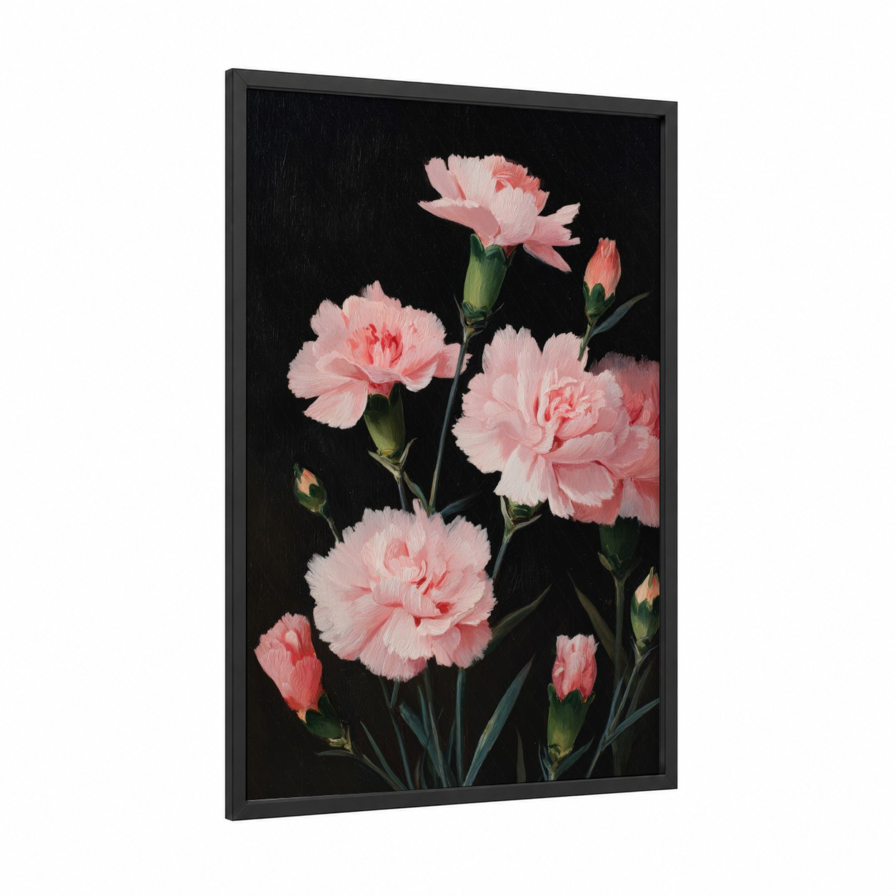 Pink Carnation Cluster framed carnations print — black wood frame — pink and black palette