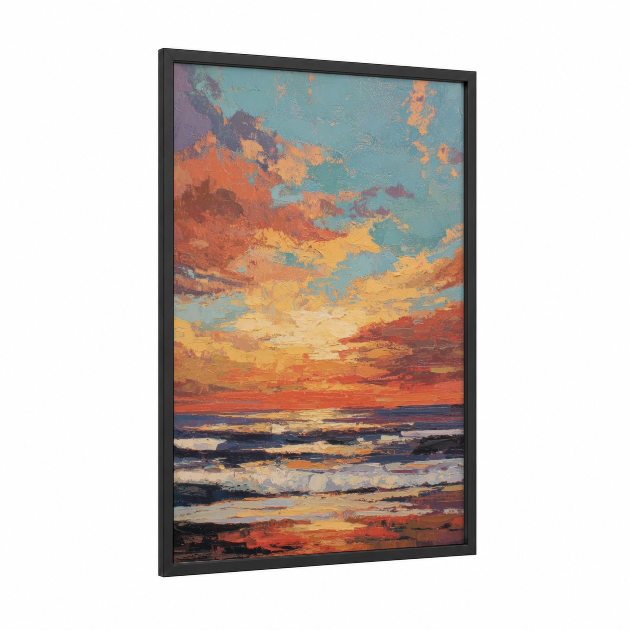 Crimson Sunrise framed art print — black wood frame — orange and teal palette