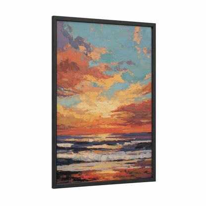 Crimson Sunrise framed art print — black wood frame — orange and teal palette