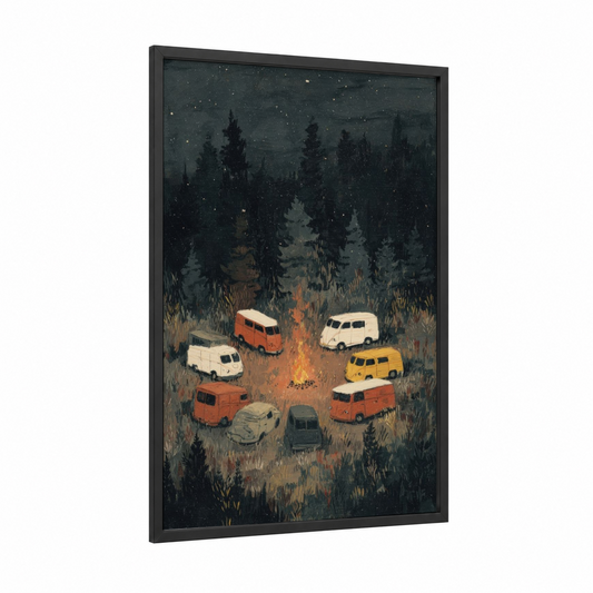 Campfire Vans framed art print — black wood frame — dark green and gold palette