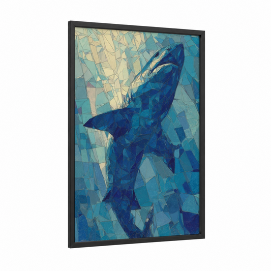 Deep Blue Shark framed art print — black wood frame — blue and teal palette