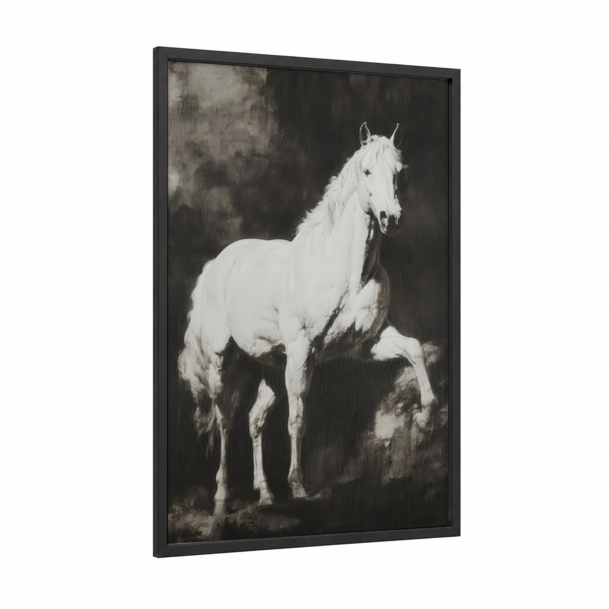 Noble Quarter Horse framed art print — black wood frame — black and white and gray palette