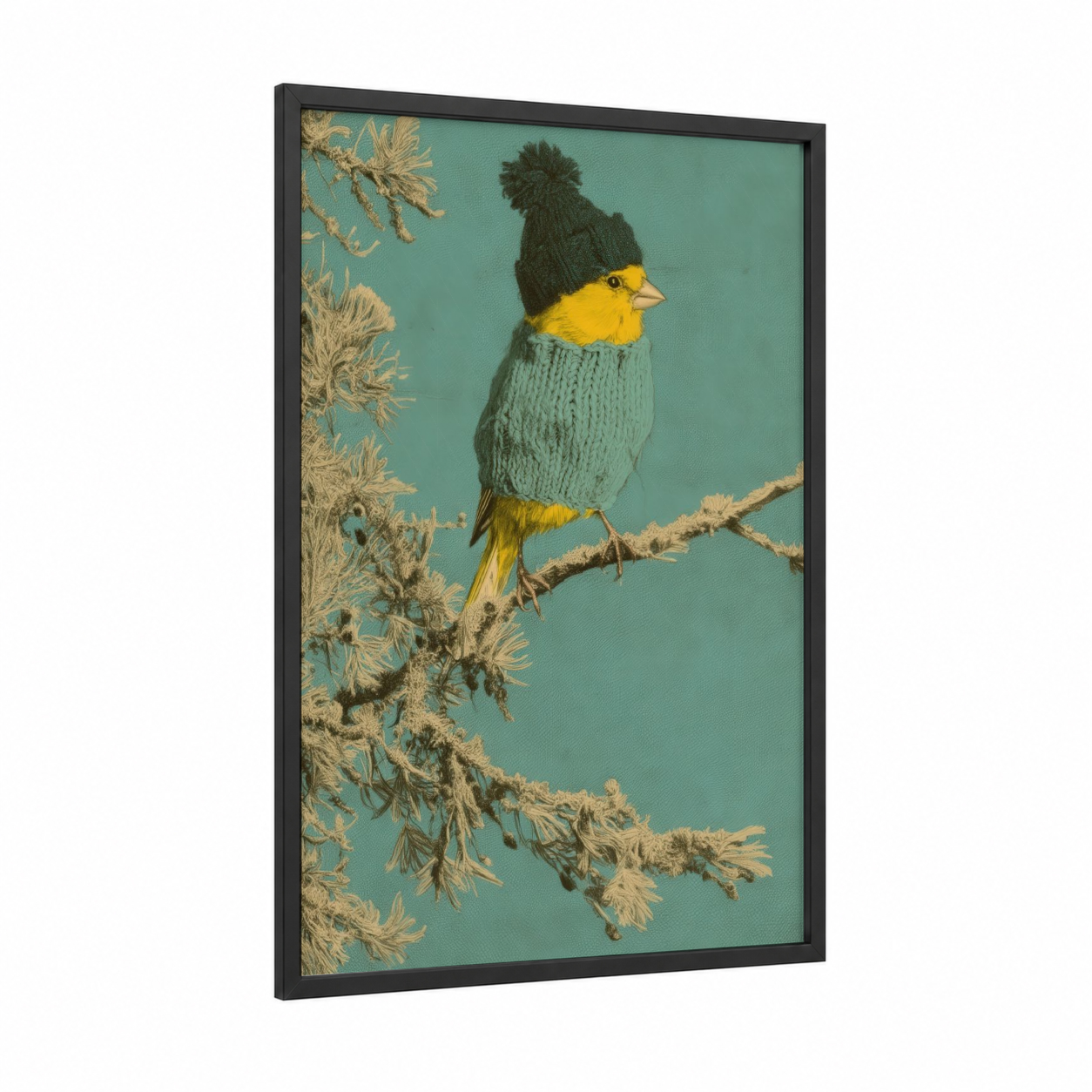 Cozy Canary framed canaries print — black wood frame — teal and yellow gold palette
