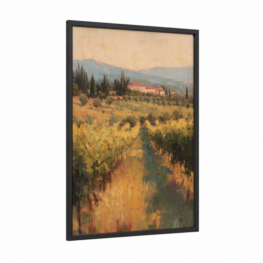 Tuscan Vineyard framed vineyards print — black wood frame — gold and sage green palette