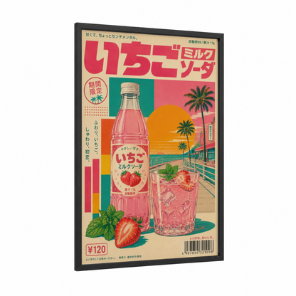 Retro Japanese Strawberry Soda Wall Art framed palm tree print — black wood frame — pink and orange palette