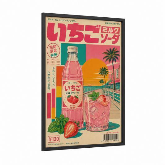 Retro Japanese Strawberry Soda Wall Art framed palm tree print — black wood frame — pink and orange palette
