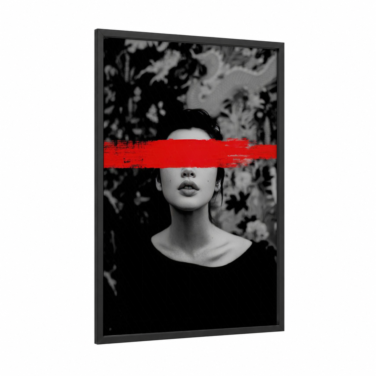 Blindfolded Vision framed abstract classic print — black wood frame — black and white and red palette