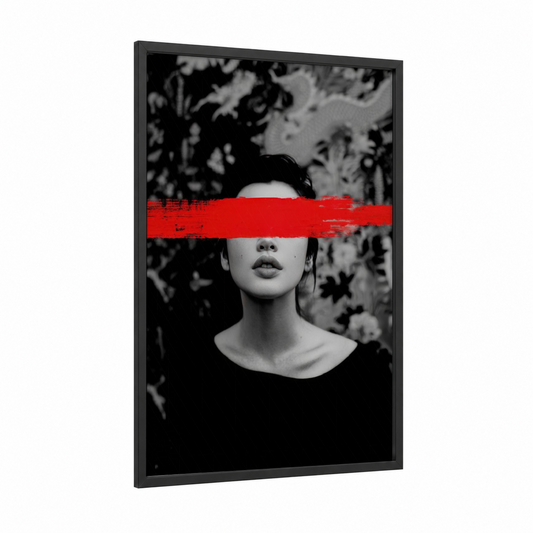 Blindfolded Vision framed abstract classic print — black wood frame — black and white and red palette
