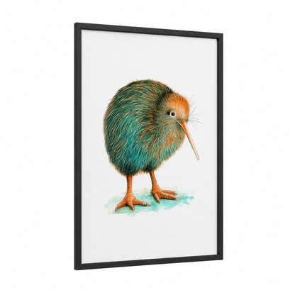 Curious Kiwi framed art print — black wood frame — teal and orange palette