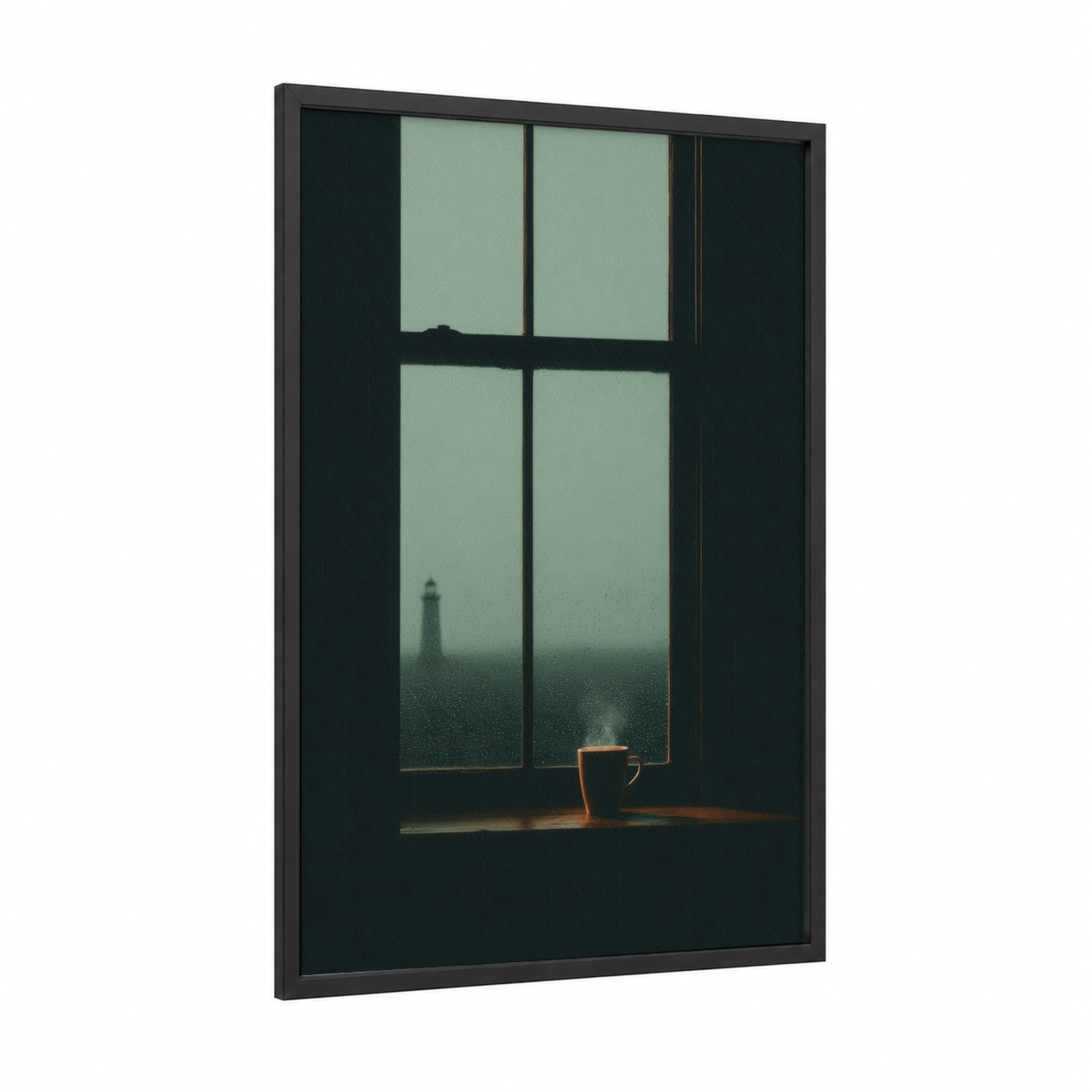 Rainy Lighthouse View framed art print — black wood frame — sage green and dove gray palette