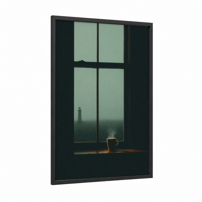 Rainy Lighthouse View framed art print — black wood frame — sage green and dove gray palette